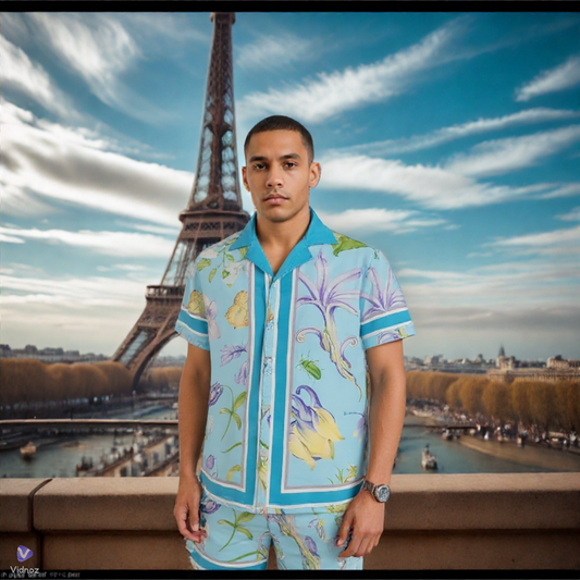 Ensemble Chemise et Short Homme - Motifs Floraux et Insectes - Élégance Tropicale
