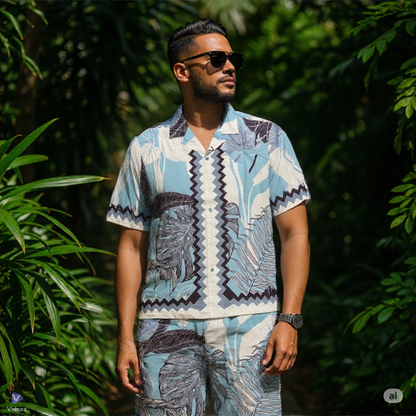 Ensemble Chemise et Short Homme - Motifs Tropicaux Bleus et Gris