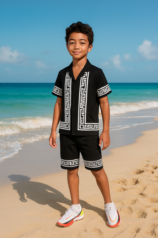 Ensemble Short & Chemise Noir et Blanc à Motifs Géométriques pour Garçon - Style Unique et Confortable
