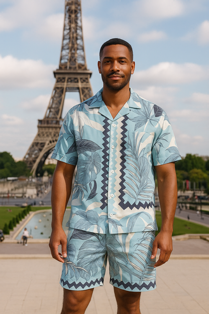Ensemble Chemise et Short Homme - Motifs Tropicaux Bleus et Gris