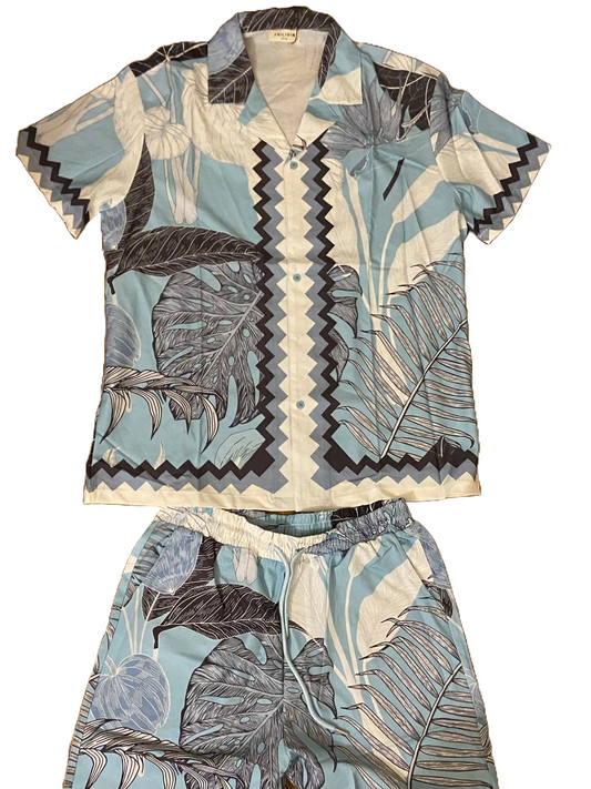 Ensemble Chemise et Short Homme - Motifs Tropicaux Bleus et Gris