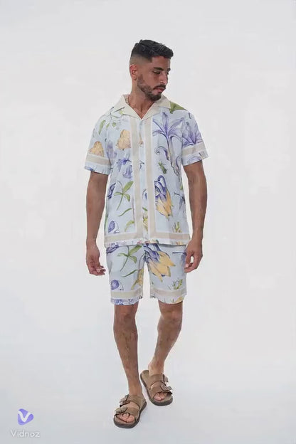 Ensemble Chemise et Short Homme - Motifs Floraux et Insectes - Élégance Tropicale